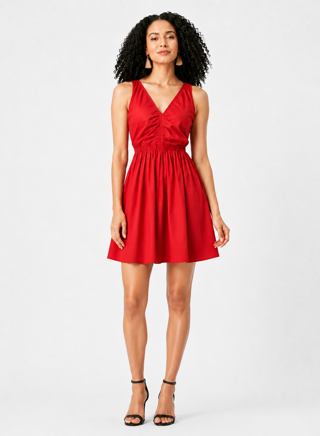 Puff Sleeve Cotton Poplin Elastic Ruched Dress