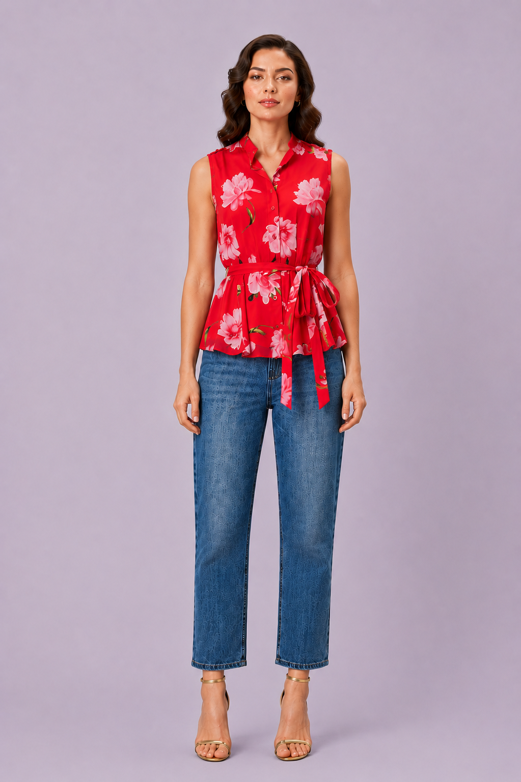 Ruffle Trim Floral Print Georgette Peplum Blouse