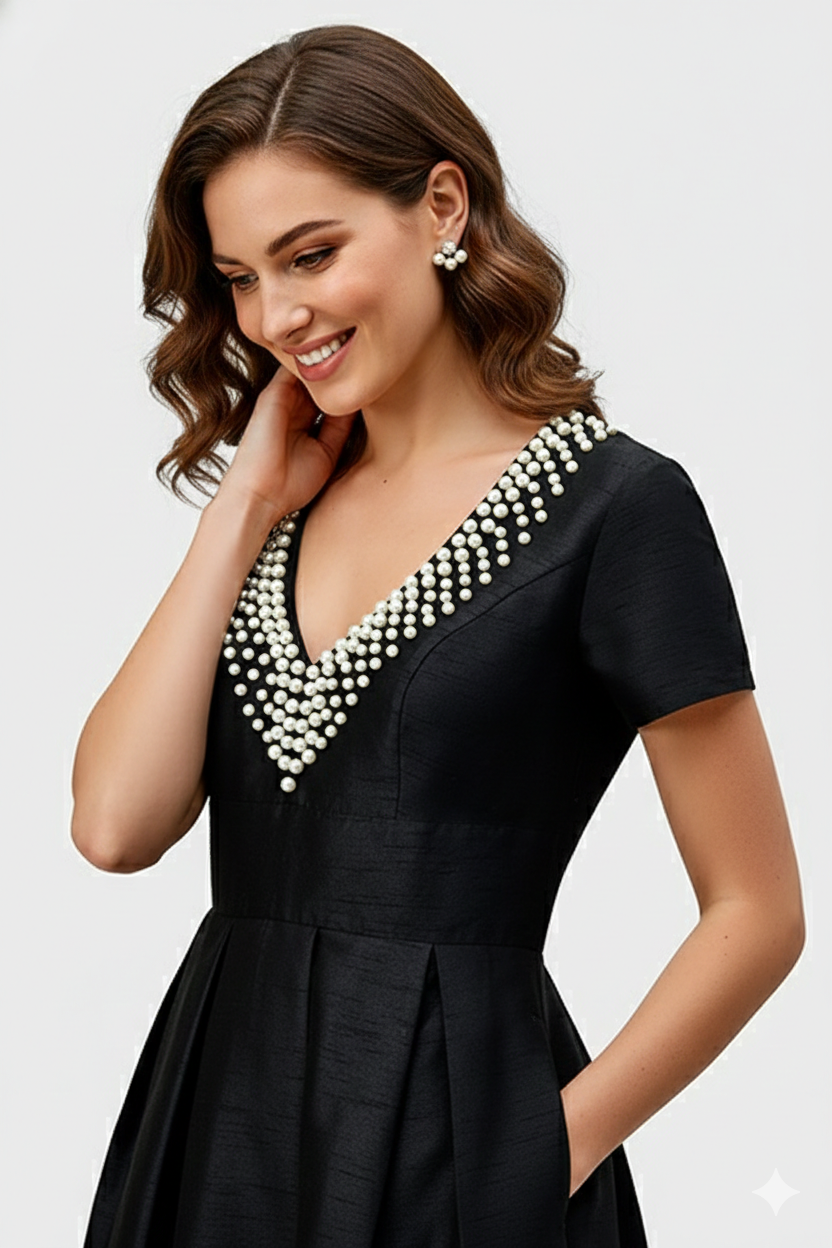 Pearl Bead Embroidery Dupioni Maxi Dress