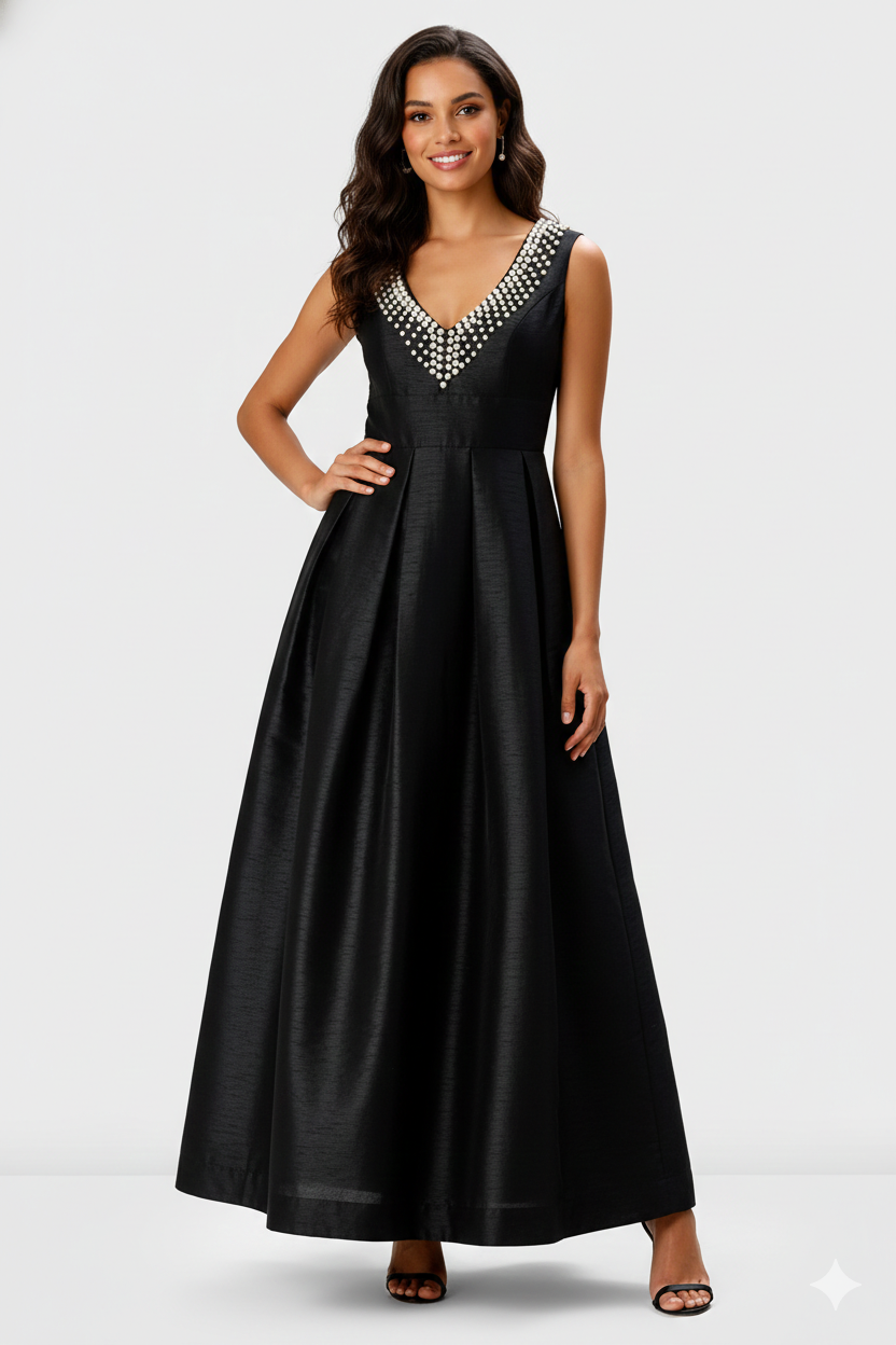 Pearl Bead Embroidery Dupioni Maxi Dress