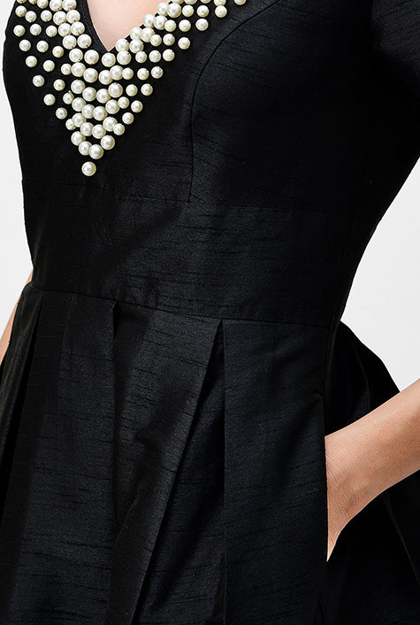 Pearl Bead Embroidery Dupioni Maxi Dress