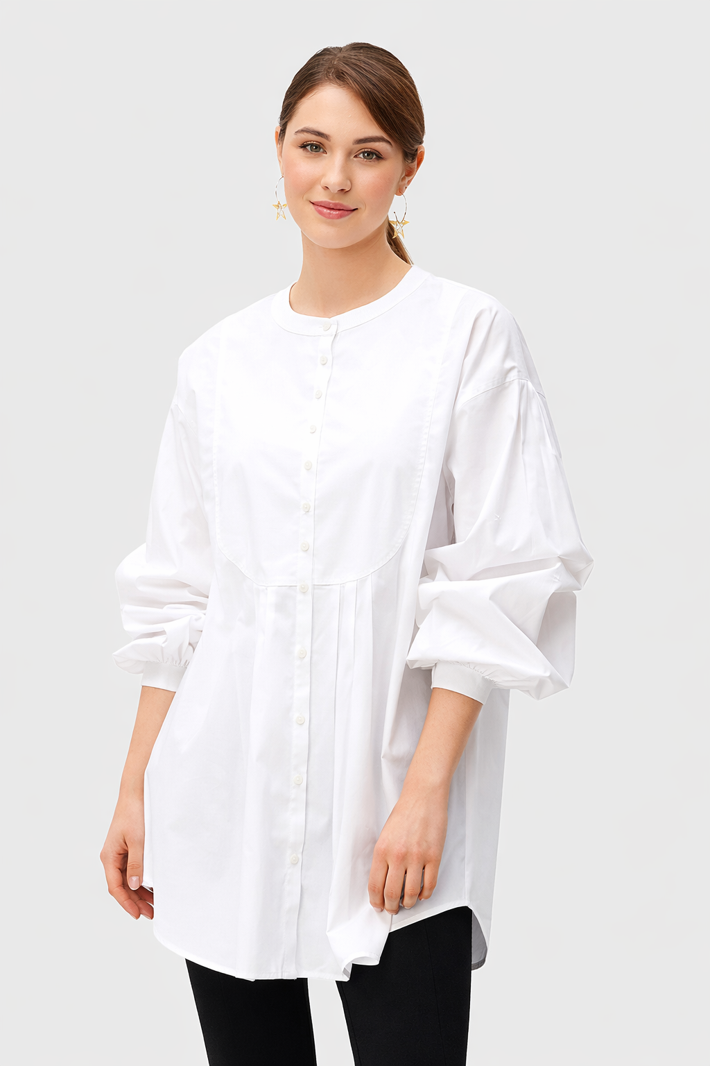 Pleat Bib-Front Cotton Poplin Tunic Shirt