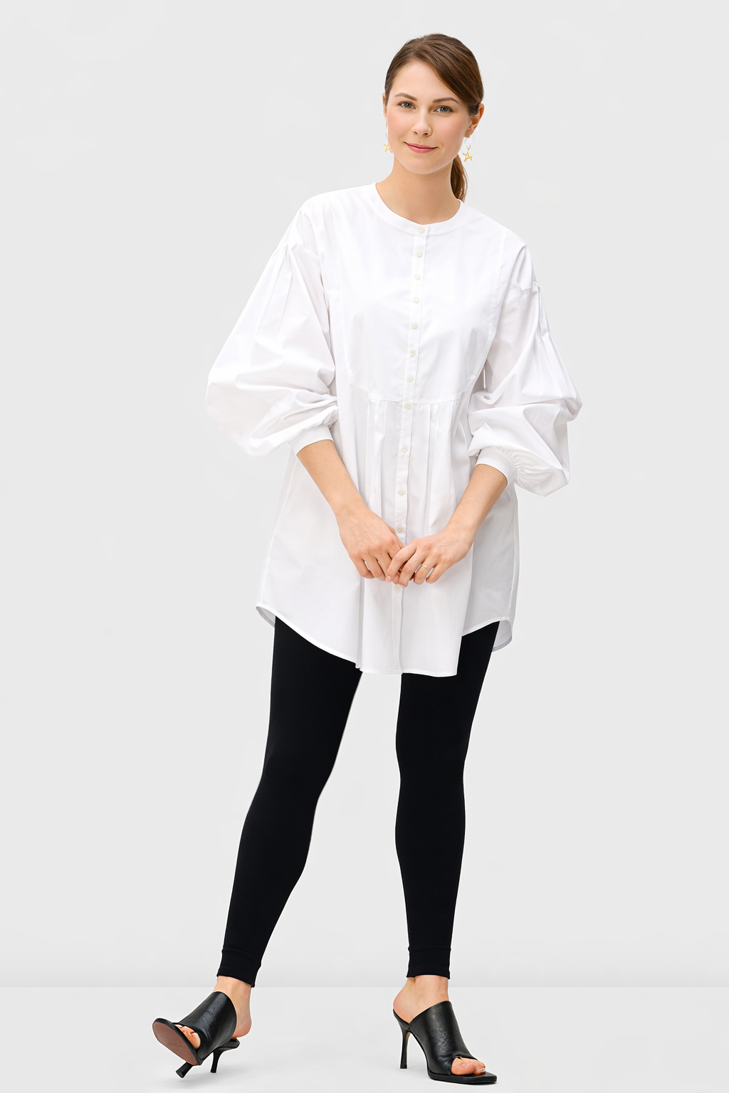 Pleat Bib-Front Cotton Poplin Tunic Shirt