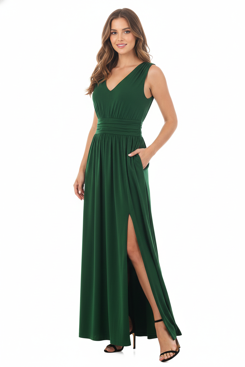 Pleated Cotton Jersey Knit Maxi Dress