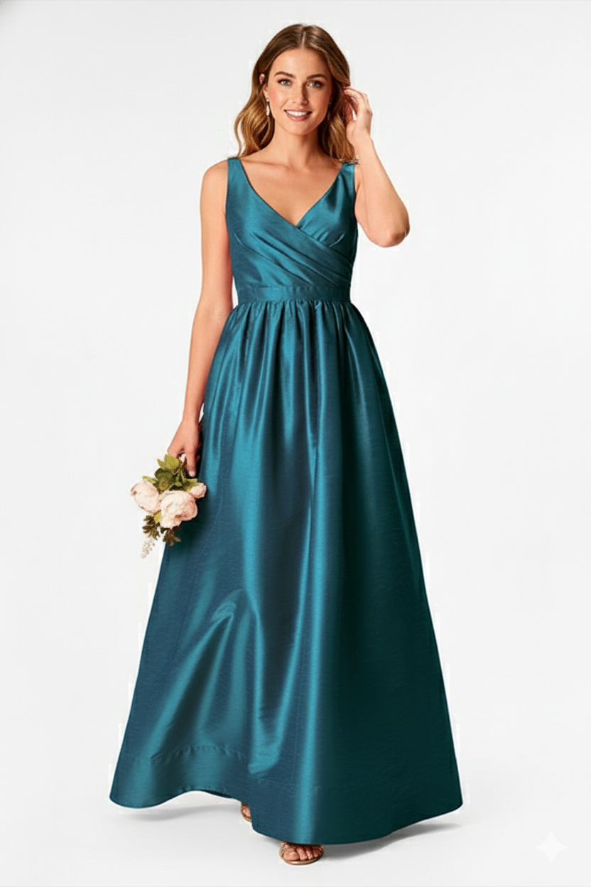 Pleated Surplice Dupioni Maxi Dress