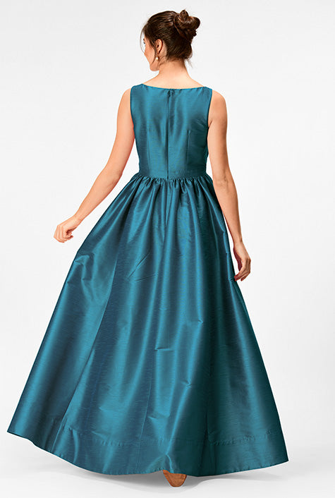 Pleated Surplice Dupioni Maxi Dress