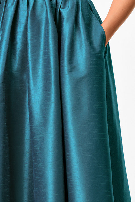 Pleated Surplice Dupioni Maxi Dress