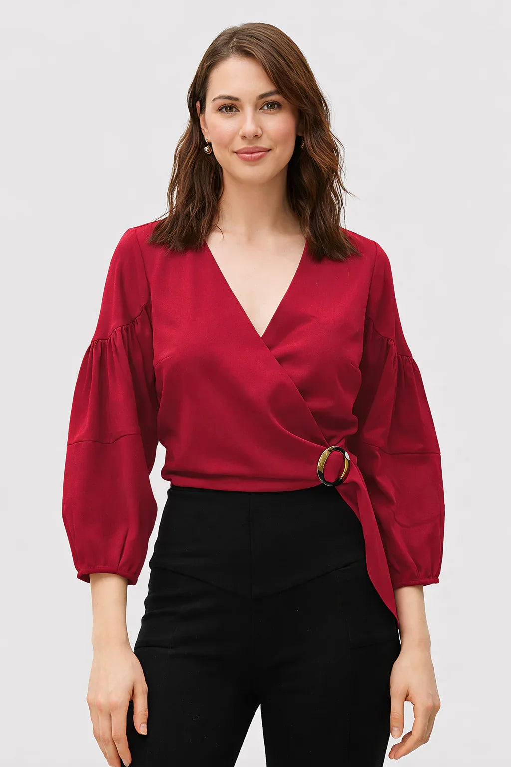 Ruched Sleeve Crepe Crop Wrap Top | V-Neck Belted Smart-Casual Blouse