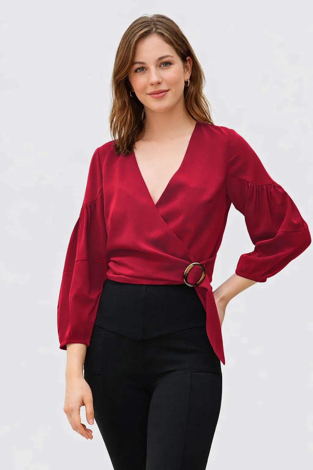 Ruched Sleeve Crepe Crop Wrap Top | V-Neck Belted Smart-Casual Blouse