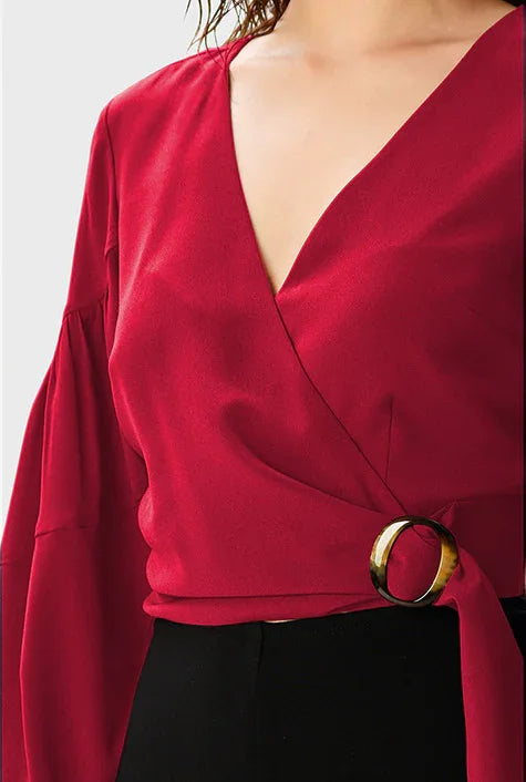 Ruched Sleeve Crepe Crop Wrap Top | V-Neck Belted Smart-Casual Blouse