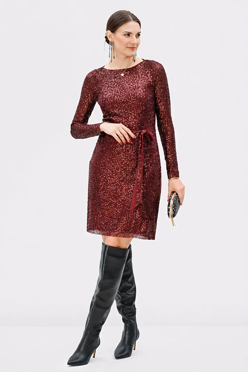 Nams-Ropa sash tie sequin mesh sheath dress with long sleeves, perfect for parties and evening events, featuring sparkling details.