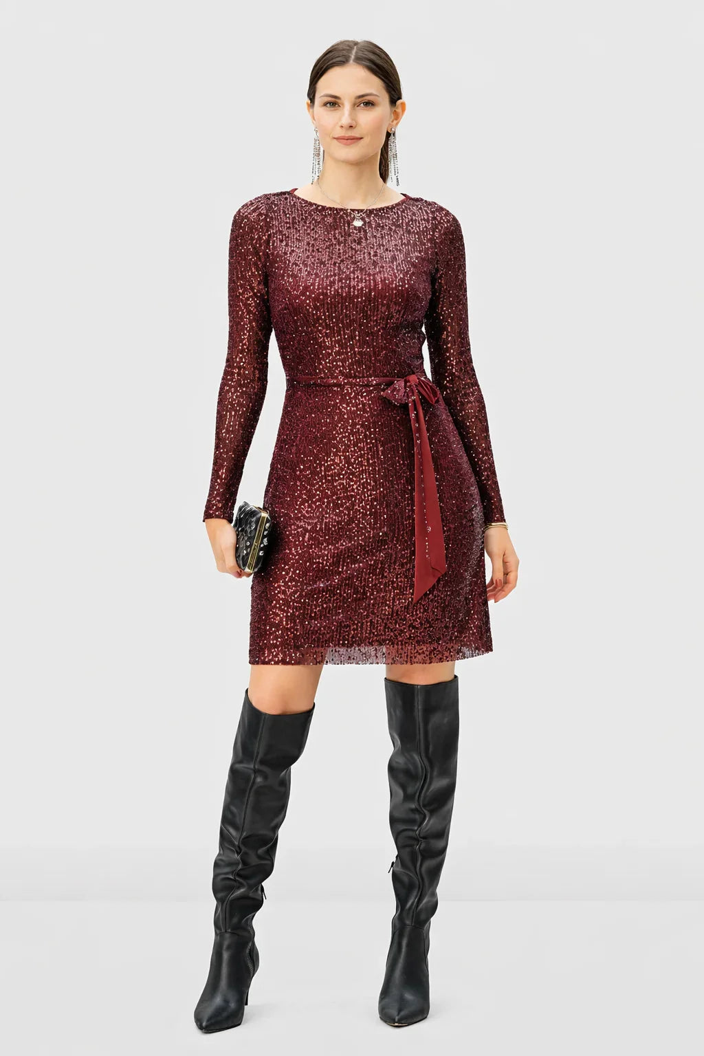 Nams-Ropa sash tie sequin mesh sheath dress with long sleeves, perfect for parties and evening events, featuring sparkling embellishments.