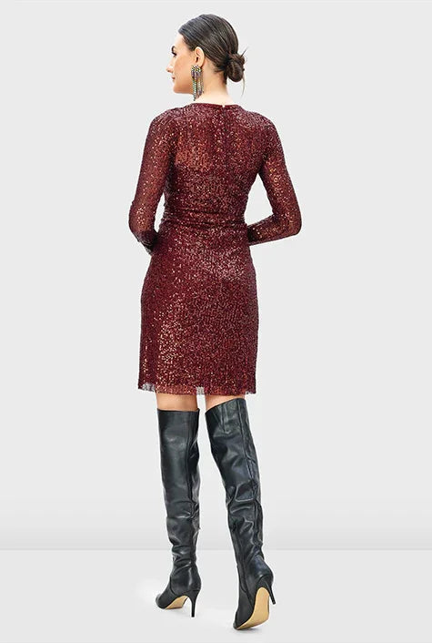 Nams-Ropa long-sleeve sequin mesh sheath dress with sash tie, perfect for party occasions, featuring sparkling embellishments.