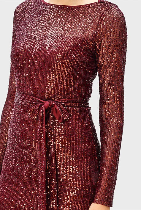 Nams-Ropa sash tie sequin mesh sheath dress with long sleeves, perfect for parties and evening events.