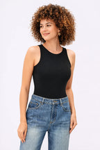 Sleeveless scoop neck jersey knit bodysuit by Nams-Ropa, showing a stretch-fit, simple design ideal for everyday wear.