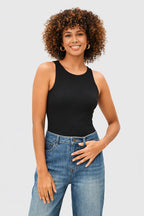 Sleeveless scoop neck jersey knit bodysuit by Nams-Ropa, stretchy fit, simple and versatile for everyday wear.