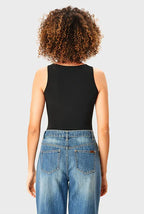 Sleeveless scoop neck jersey knit bodysuit by Nams-Ropa, showing a close-up of the stretch-fit design and smooth fabric.