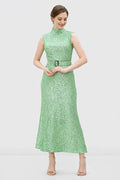 Sequin Mesh Belted A-Line Dress | Sleeveless Sparkle Midi Dress for Weddings & Events