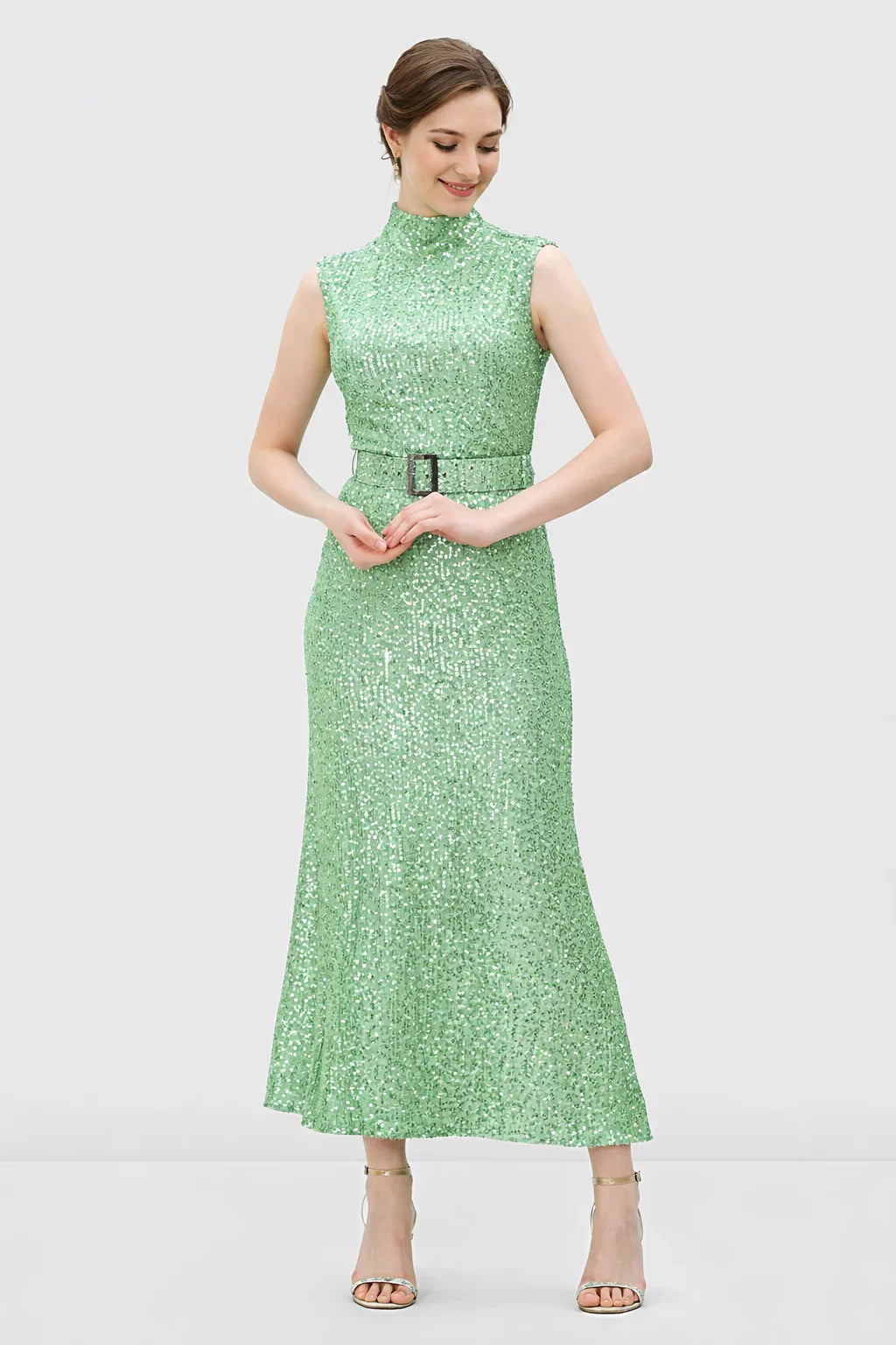 Sequin Mesh Belted A-Line Dress | Sleeveless Sparkle Midi Dress for Weddings & Events