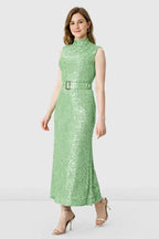 Sequin Mesh Belted A-Line Dress | Sleeveless Sparkle Midi Dress for Weddings & Events