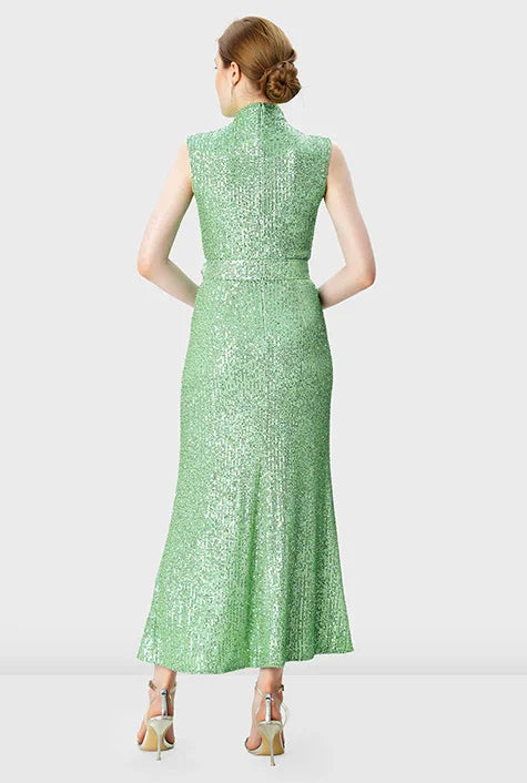 Sequin Mesh Belted A-Line Dress | Sleeveless Sparkle Midi Dress for Weddings & Events