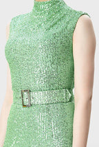 Sequin Mesh Belted A-Line Dress | Sleeveless Sparkle Midi Dress for Weddings & Events