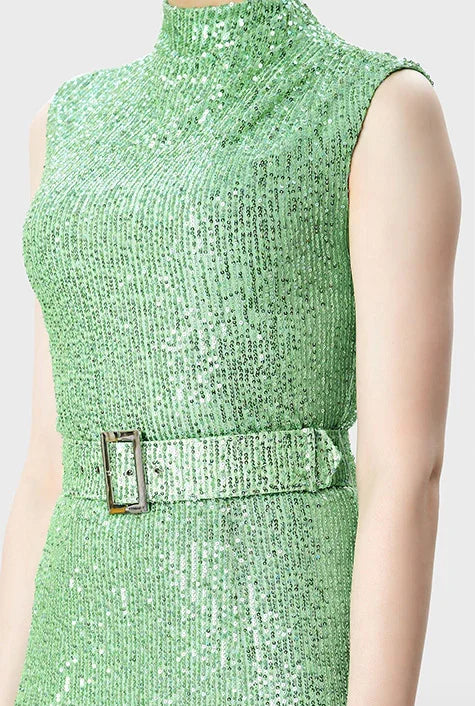 Sequin Mesh Belted A-Line Dress | Sleeveless Sparkle Midi Dress for Weddings & Events