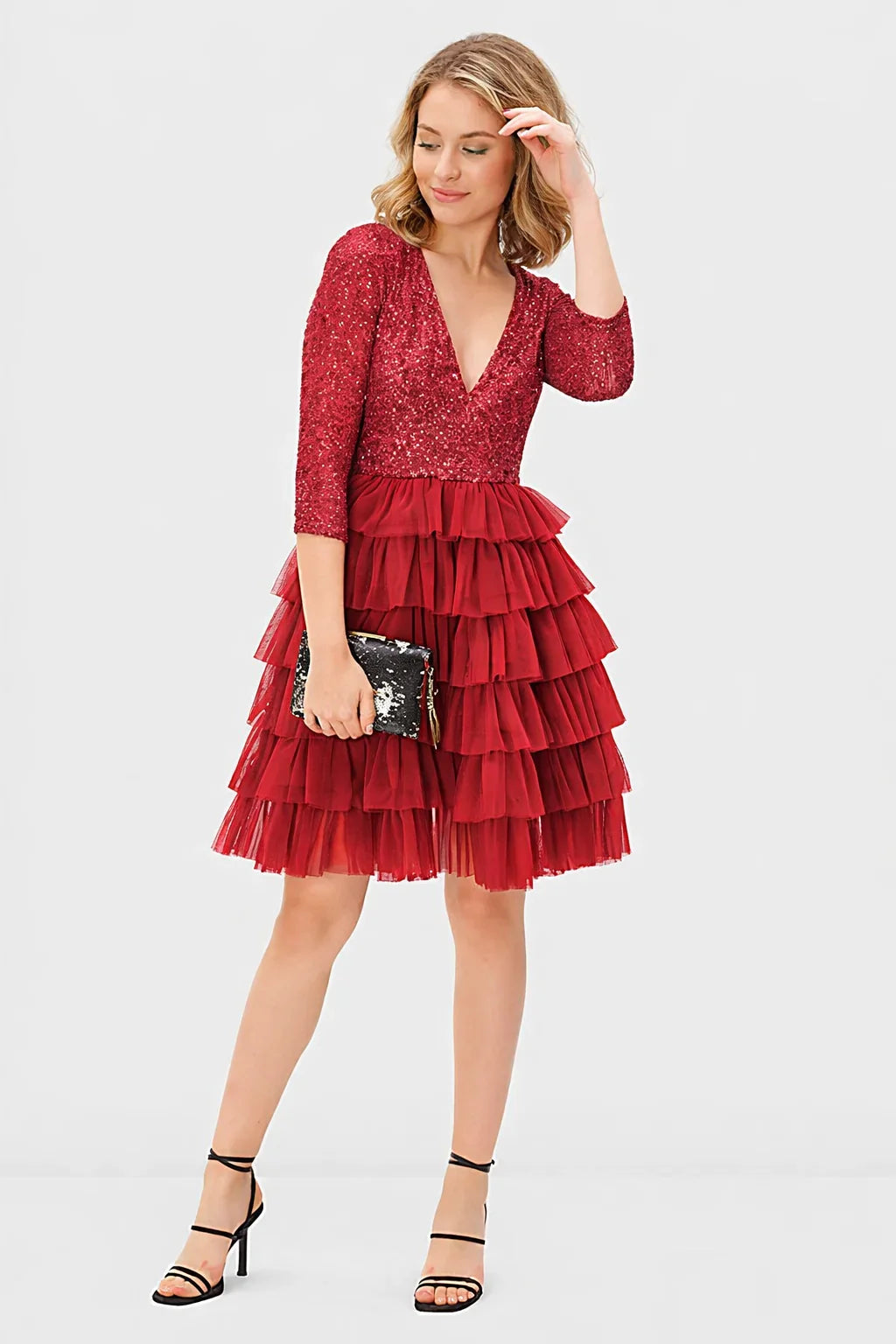 Vestido de lentejuelas de malla con volantes en capas | Vestido de fiesta con escote en V y falda de tul en capas
