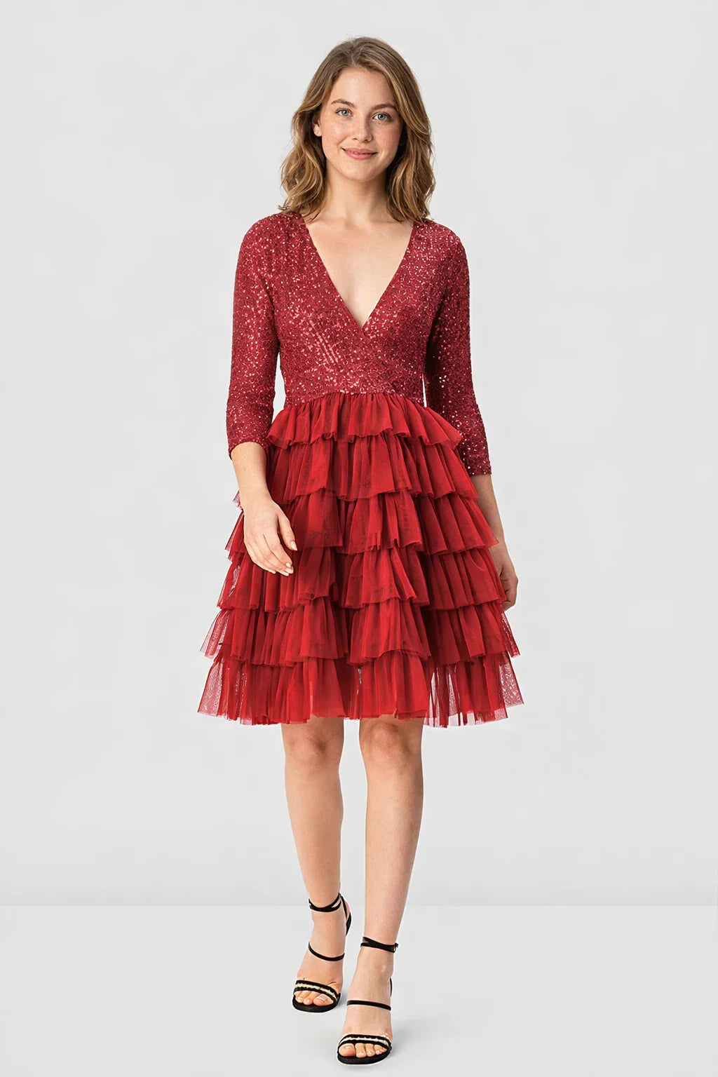 Vestido de lentejuelas de malla con volantes en capas | Vestido de fiesta con escote en V y falda de tul en capas