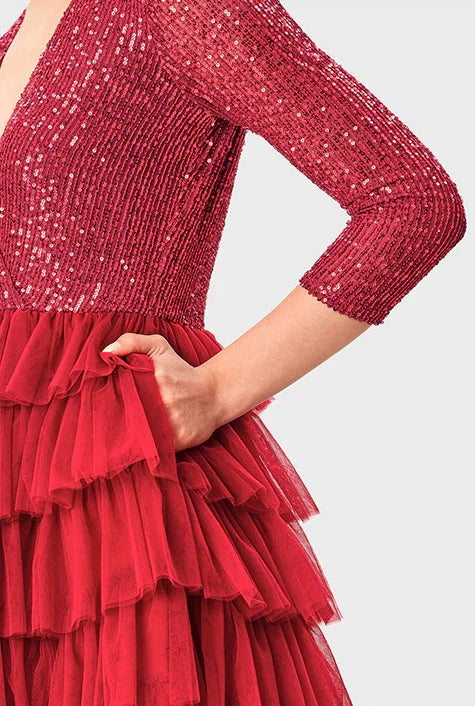 Vestido de lentejuelas de malla con volantes en capas | Vestido de fiesta con escote en V y falda de tul en capas