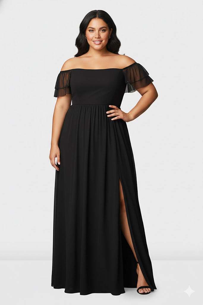 Sheer Tulle Vented Maxi Dress