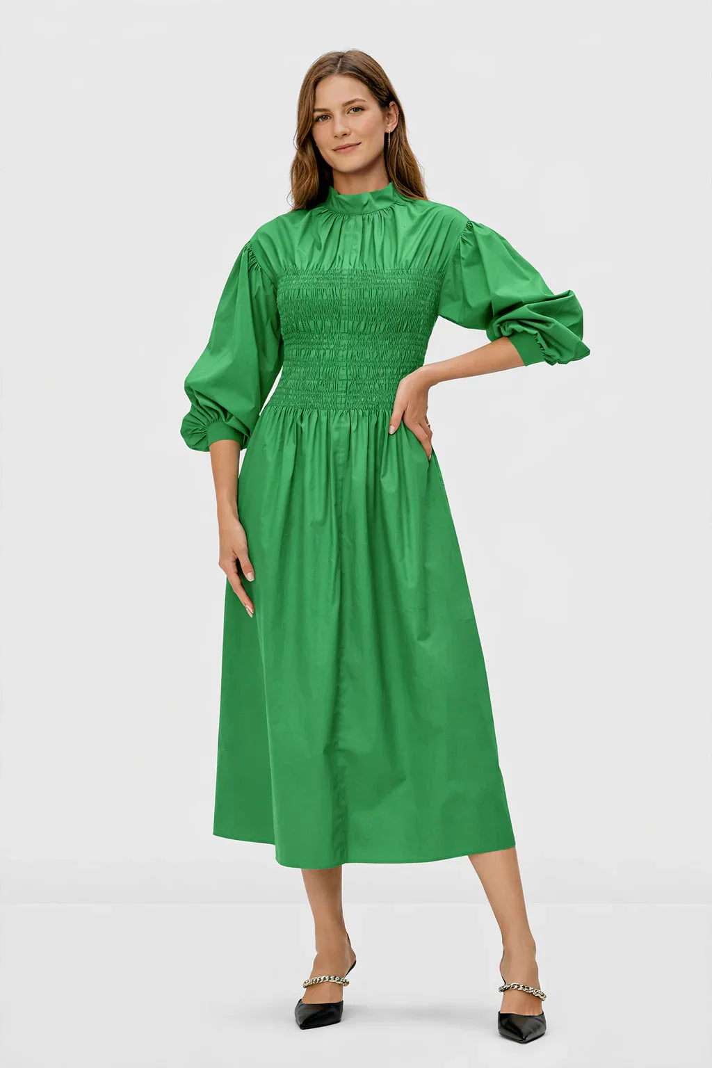 Nams Ropa smocked cotton poplin midi dress with high neck and puff sleeves, showcasing a stylish, lightweight summer dress.