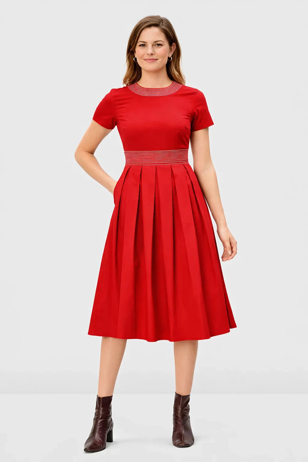 Nams-Ropa trapunto trim cotton poplin short-sleeve fit-and-flare midi dress displayed on a hanger.