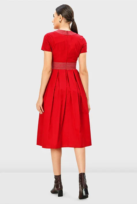 Short-sleeve fit-and-flare midi dress with trapunto trim in cotton poplin by Nams-Ropa, showcasing a simple, elegant design.