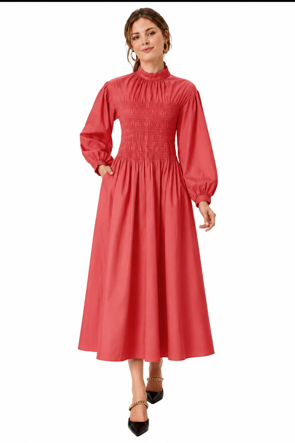 Smocked High-Neck Cotton Midi Dress