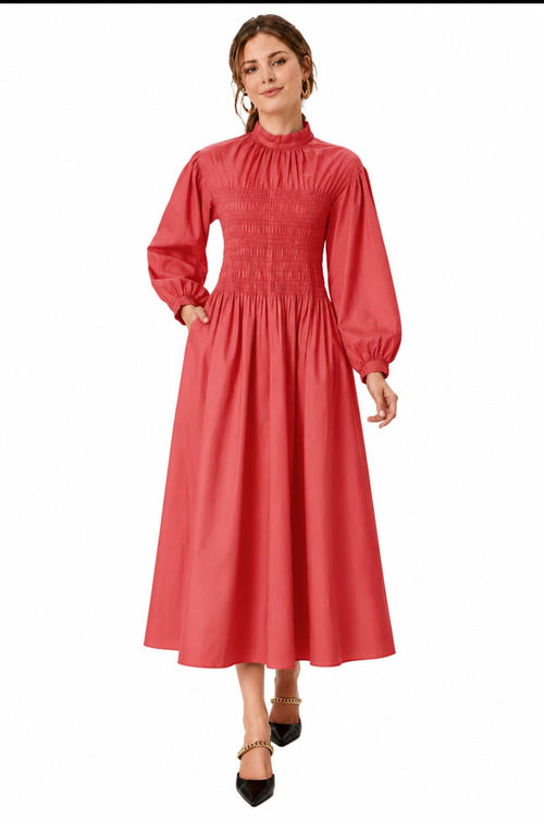 Smocked High-Neck Cotton Midi Dress