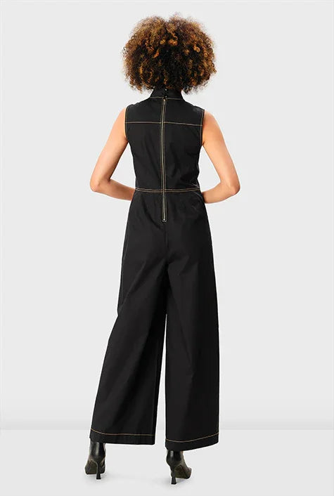 Sleeveless wide-leg cotton poplin jumpsuit with high neck and contrast stitching, featuring a stylish one-piece design.
