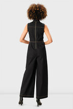 Sleeveless wide-leg cotton poplin jumpsuit with high neck and contrast stitching, featuring a stylish one-piece design.