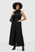 Sleeveless wide-leg cotton poplin jumpsuit with high neck and contrast stitching, stylish one-piece by Nams-Ropa.