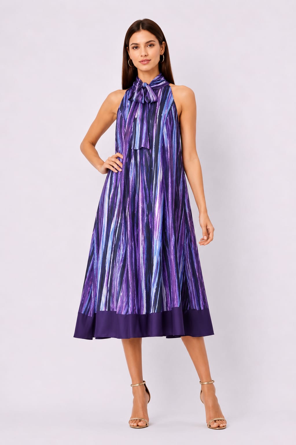 Tie Neck Tie Dye Stripe Print Crepe Shift Dress