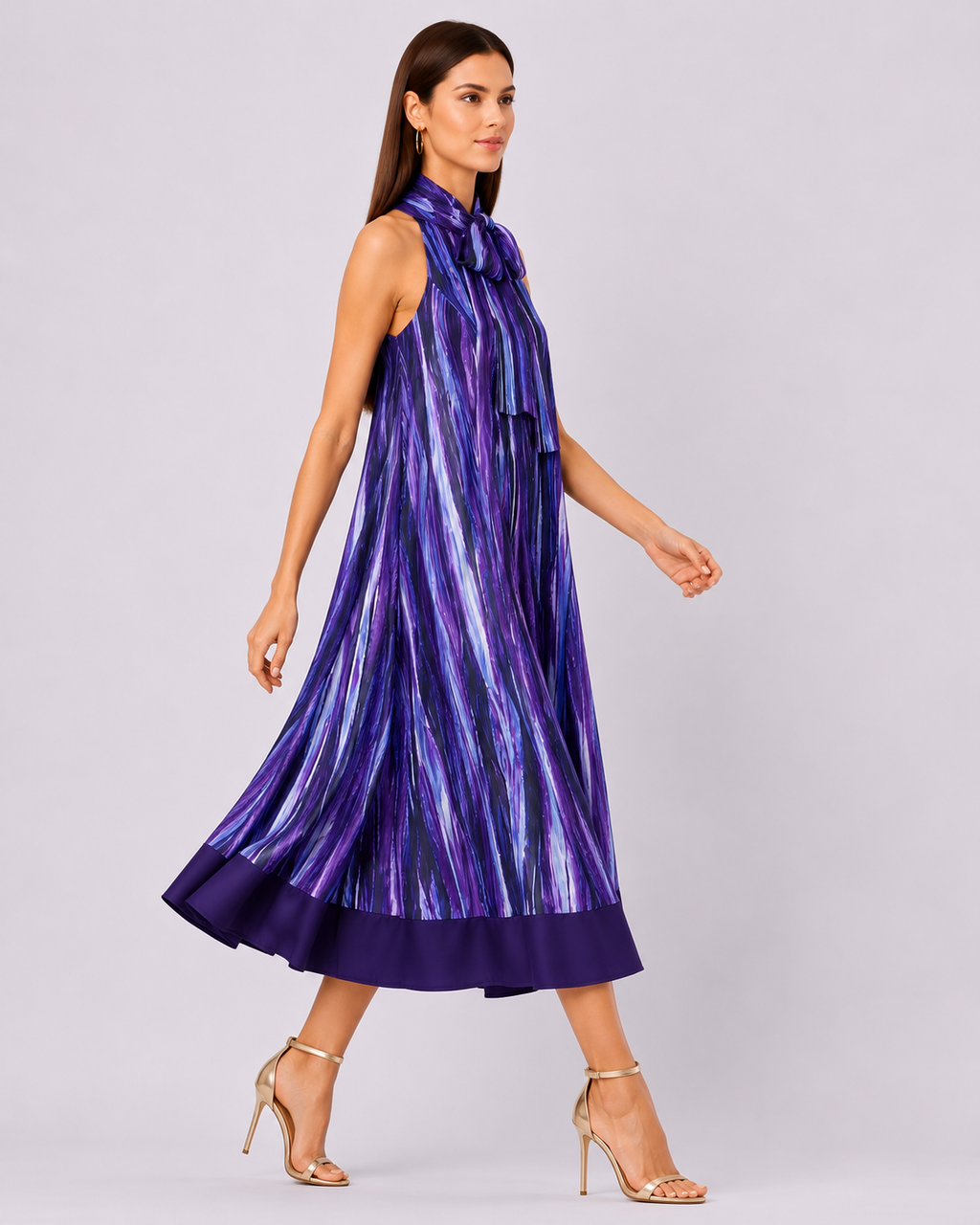 Tie Neck Tie Dye Stripe Print Crepe Shift Dress