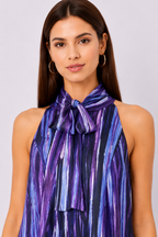 Tie Neck Tie Dye Stripe Print Crepe Shift Dress