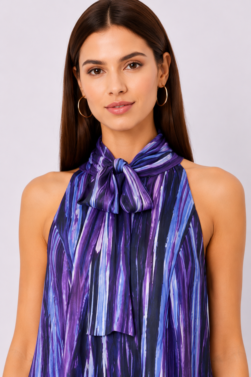 Tie Neck Tie Dye Stripe Print Crepe Shift Dress
