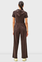 Nams-ropa zip-front cotton jersey hoodie jumpsuit with short sleeves and drawstring waist, casual and comfortable one-piece outfit.