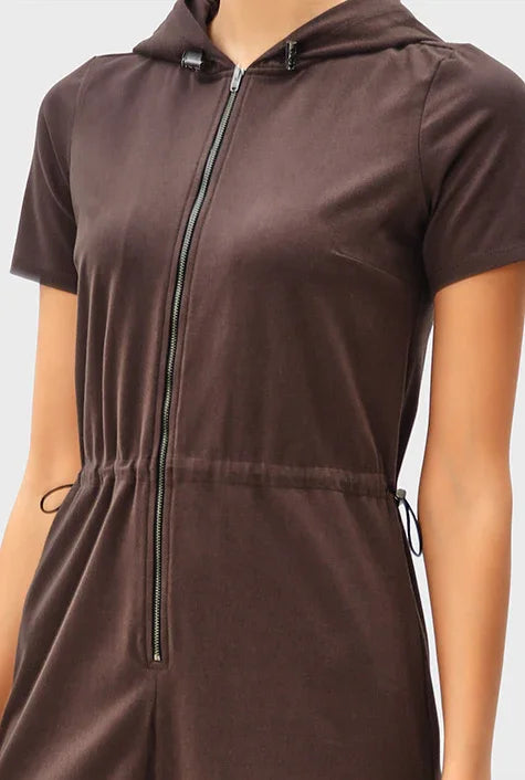 Nams-Ropa zip-front cotton jersey hoodie jumpsuit with short sleeves and drawstring waist, casual one-piece outfit.