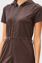 Nams-Ropa zip-front cotton jersey hoodie jumpsuit with short sleeves and drawstring waist, casual one-piece outfit.