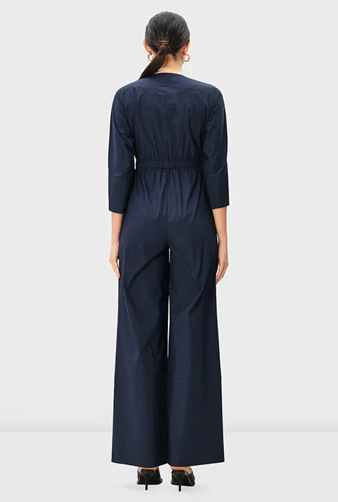 Zip-Front Cotton Poplin Elastic Waist Jumpsuit | Straight-Leg Work-Casual One-Piece