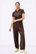 Nams-ropa zip-front cotton jersey hoodie jumpsuit with short sleeves and drawstring waist, casual one-piece outfit.