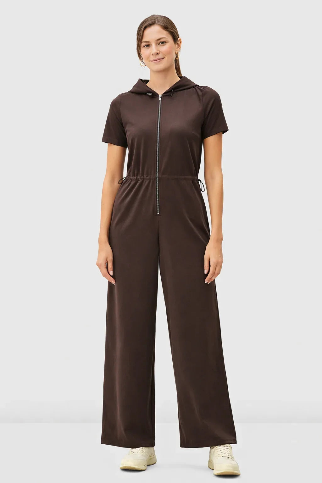 Nams-Ropa zip-front cotton jersey hoodie jumpsuit with short sleeves and drawstring waist, casual one-piece outfit.