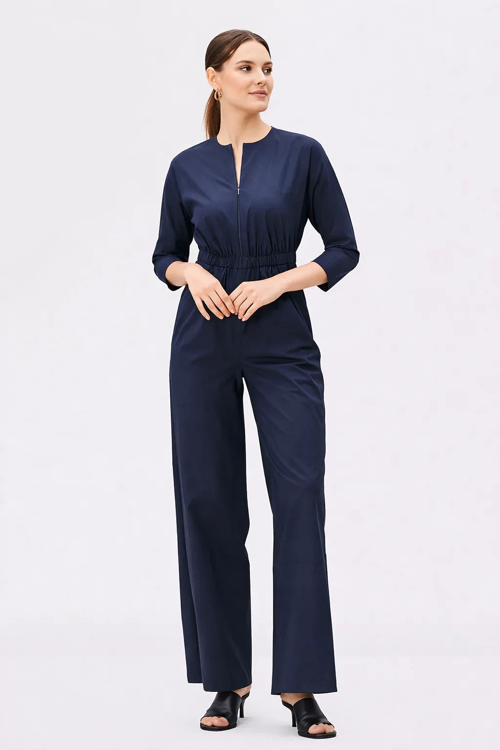 Nams-Ropa zip-front cotton poplin jumpsuit with elastic waist and straight-leg design, ideal for casual or work wear.